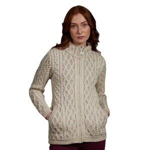 Aran Sweater Market Chunky Heavy Beige Cardigan Women Large Honeycomb Full Zip